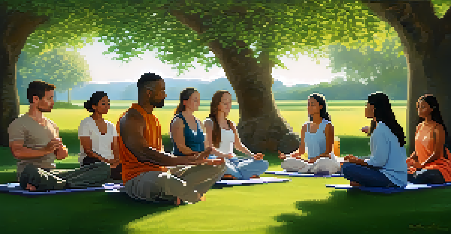 A diverse group of individuals meditating in a tranquil outdoor setting, surrounded by flowers and trees, promoting peace and well-being.