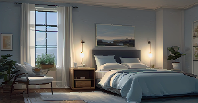 A peaceful bedroom with a cozy bed, soft linens, and calming colors, illuminated by warm lighting, featuring a bedside table with a plant and a book.