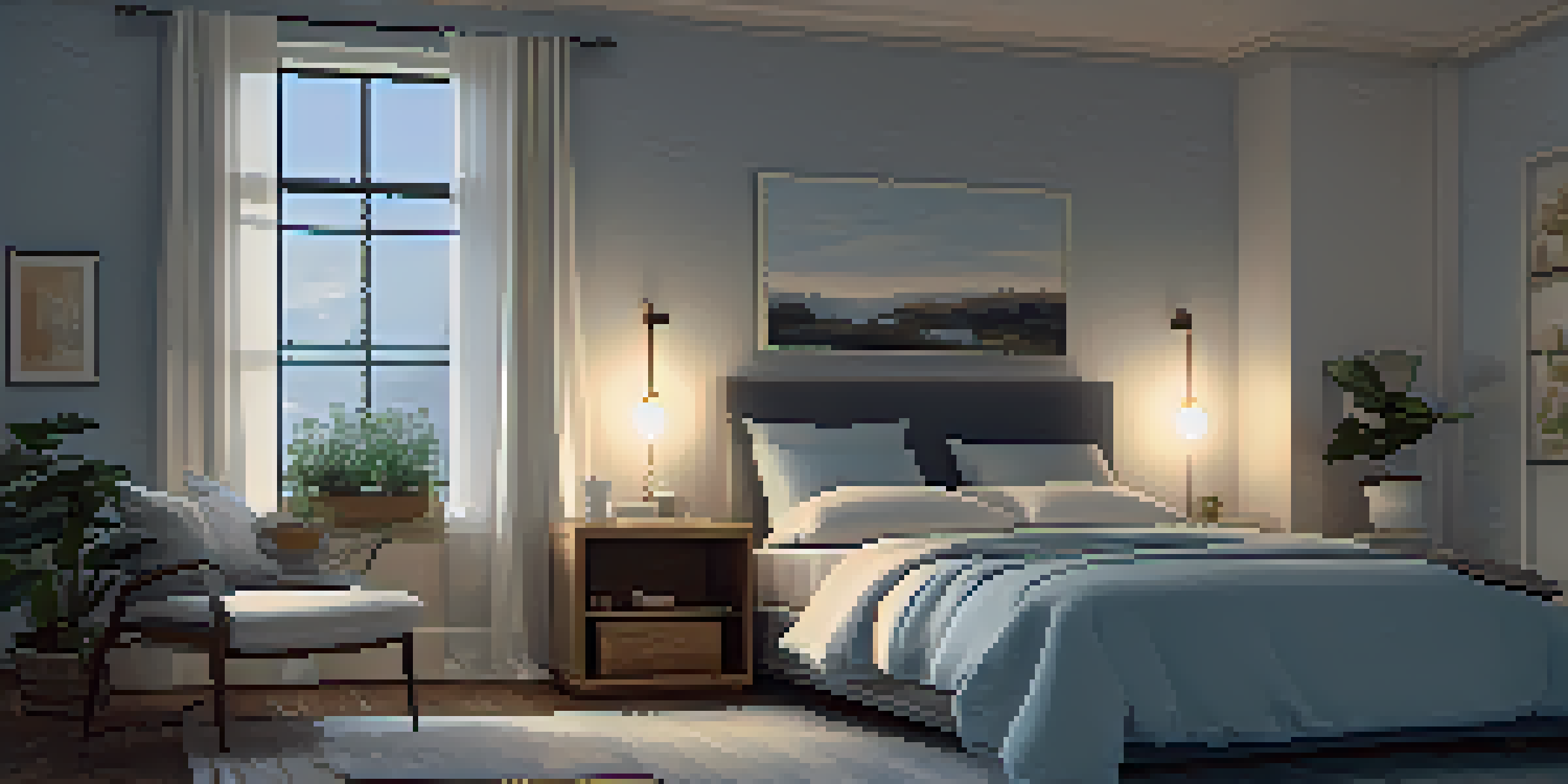 A peaceful bedroom with a cozy bed, soft linens, and calming colors, illuminated by warm lighting, featuring a bedside table with a plant and a book.