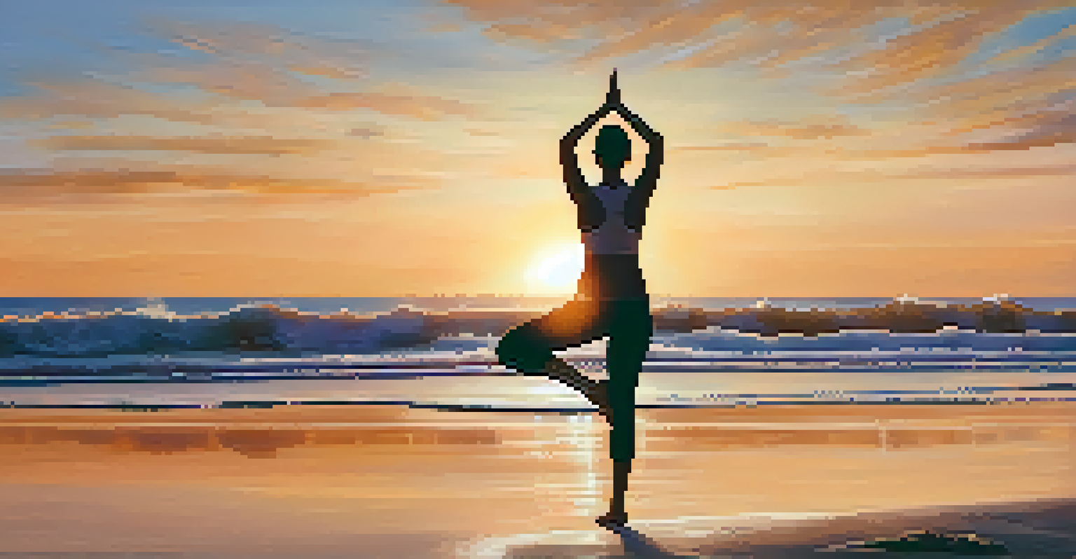 A person doing yoga on a beach at sunset, surrounded by calming waves, emphasizing relaxation and mindfulness for better sleep.