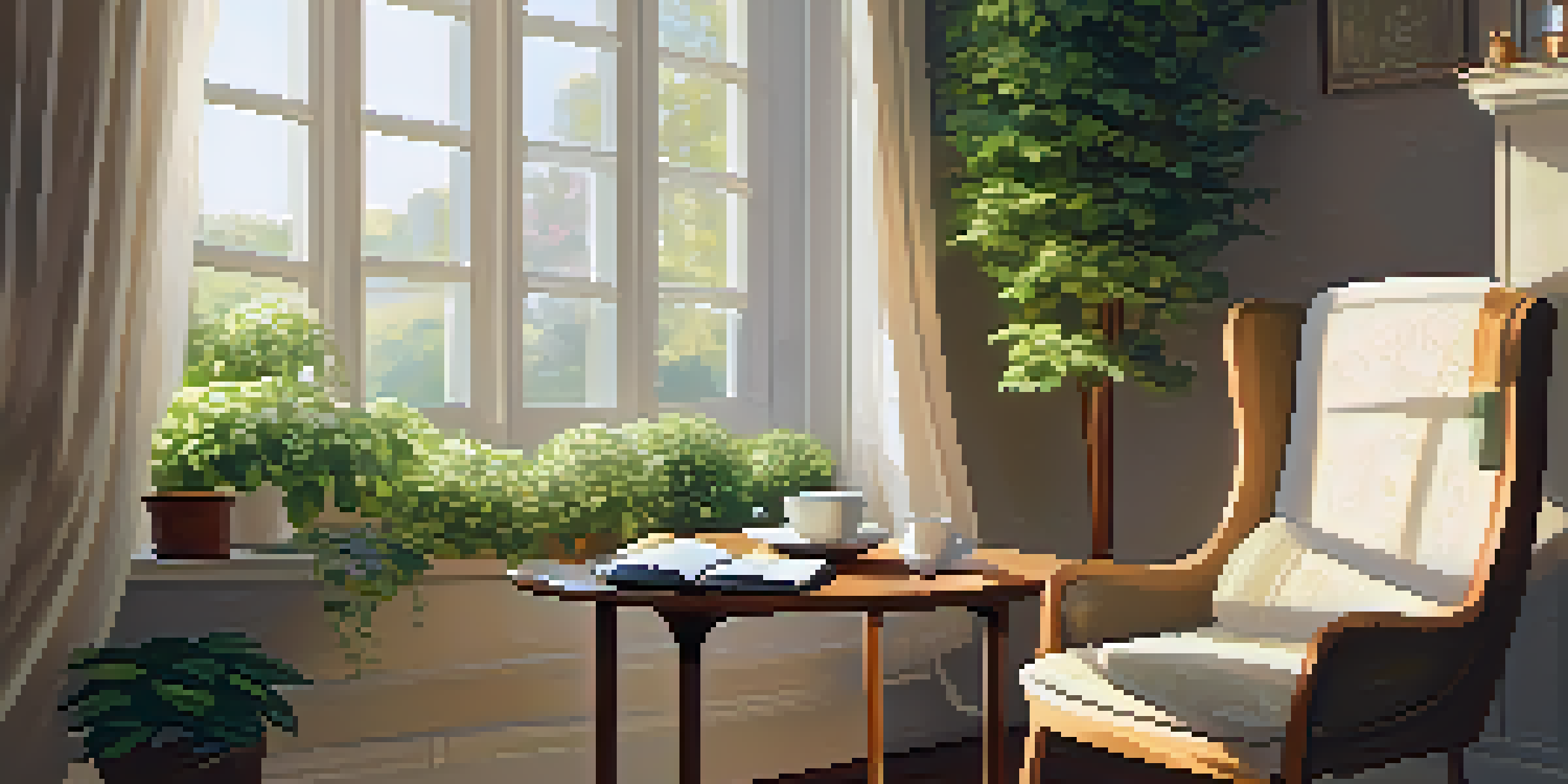 A cozy reading nook with an armchair, green plants, and a cup of chamomile tea on a table beside an open book, illuminated by soft sunlight.