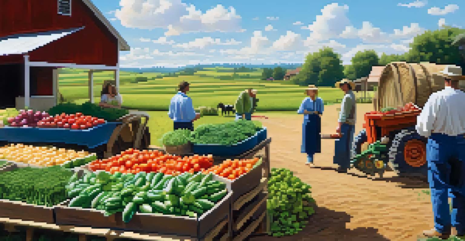 A naturopathic practitioner at a local farm, engaging with farmers amidst fresh produce and sunny skies.