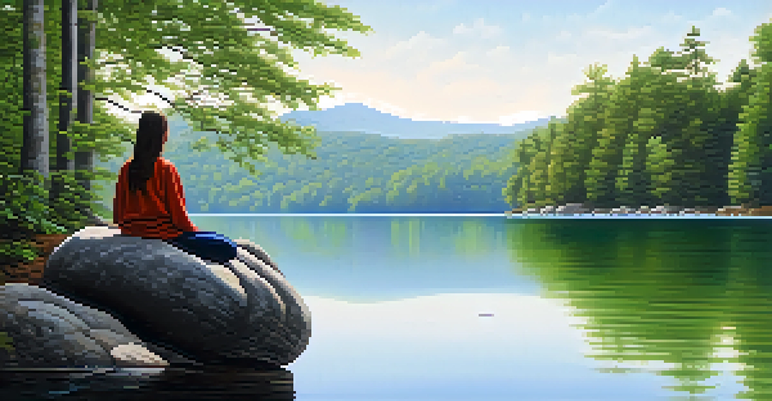A person meditating on a rock by a calm lake, with trees and a clear sky in the background.