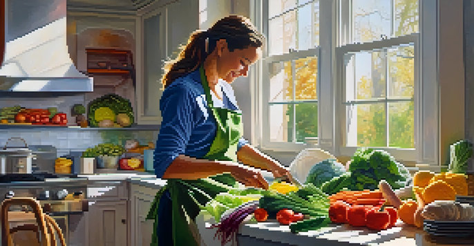 A woman in an apron joyfully preparing a healthy meal in a bright kitchen, surrounded by colorful vegetables and sunlight.