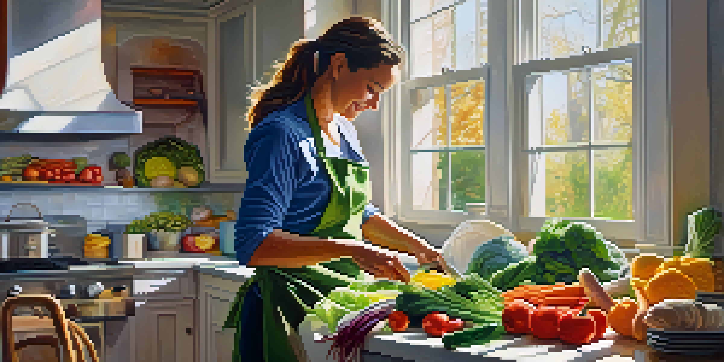 A woman in an apron joyfully preparing a healthy meal in a bright kitchen, surrounded by colorful vegetables and sunlight.