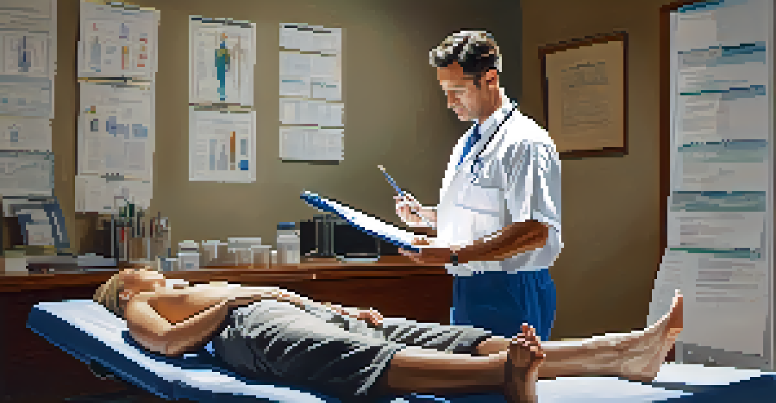 A chiropractor and patient discussing a recovery plan in a well-lit office with medical equipment.