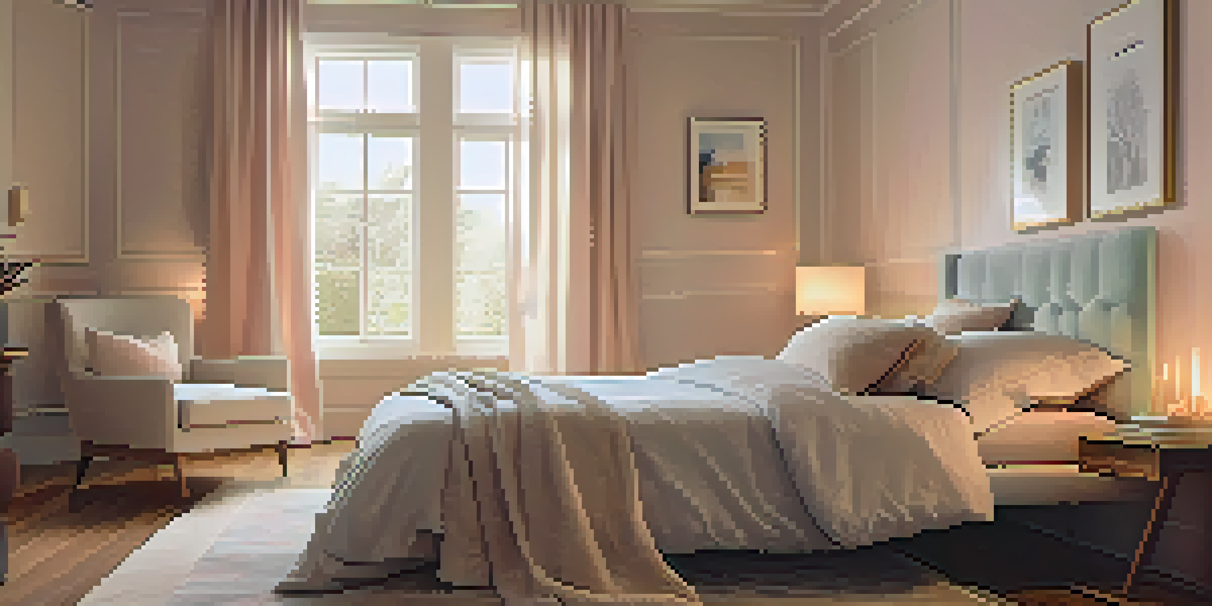 A peaceful bedroom with soft lighting, a neatly made bed, and calming decor designed for restful sleep.