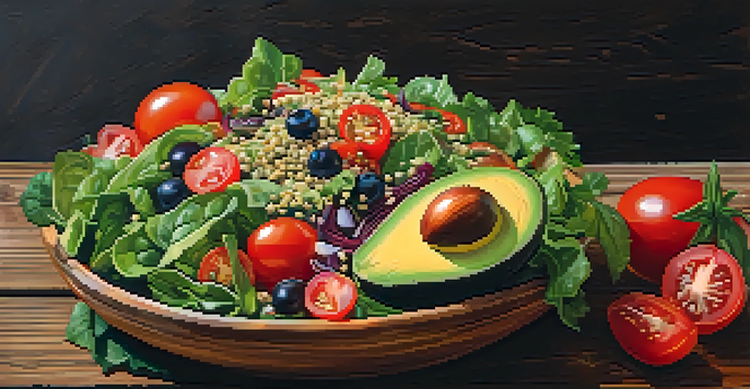 A colorful salad bowl filled with fresh ingredients like avocados, leafy greens, and tomatoes, illuminated by soft natural light.