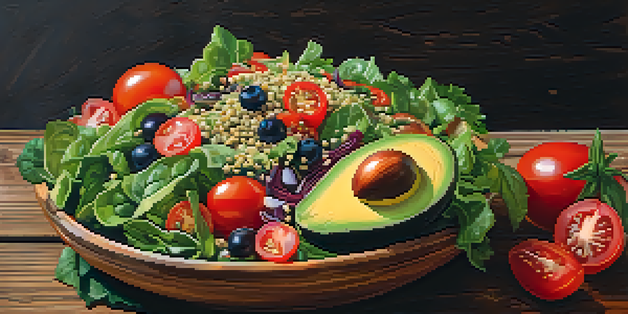 A colorful salad bowl filled with fresh ingredients like avocados, leafy greens, and tomatoes, illuminated by soft natural light.