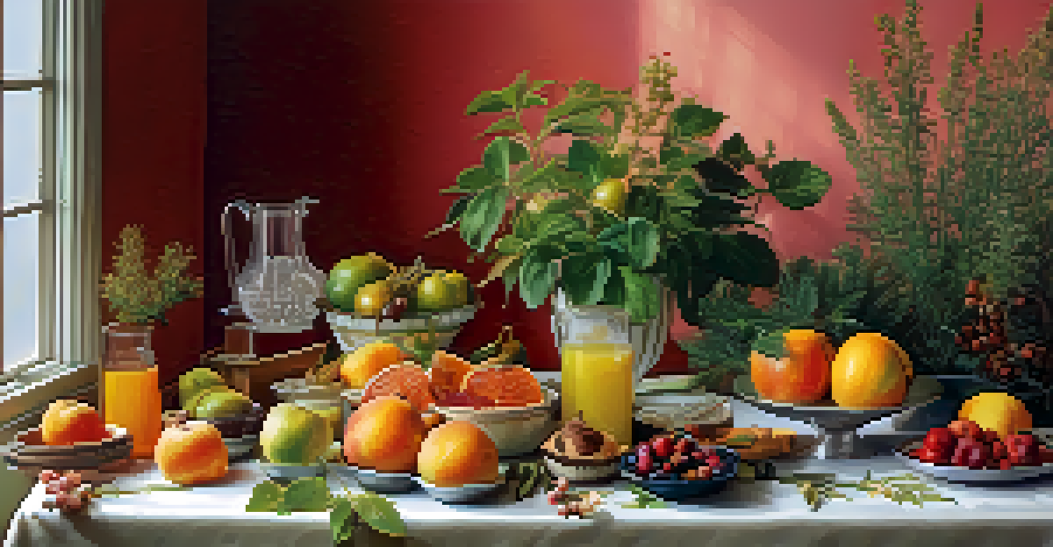 A table set with seasonal fruits and herbs representing different seasons, showcasing vibrant colors and textures in a natural light setting.