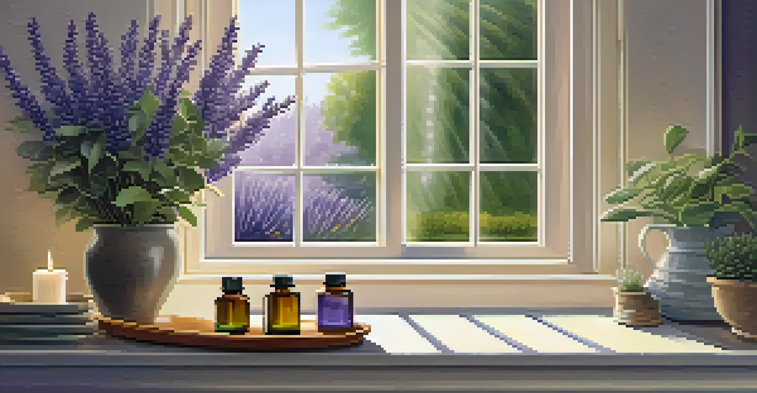 A diffuser with essential oils, surrounded by lavender and eucalyptus, creating a calming indoor atmosphere.