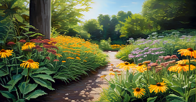 A tranquil herbal garden filled with colorful flowers like arnica, echinacea, and calendula, illuminated by soft sunlight.