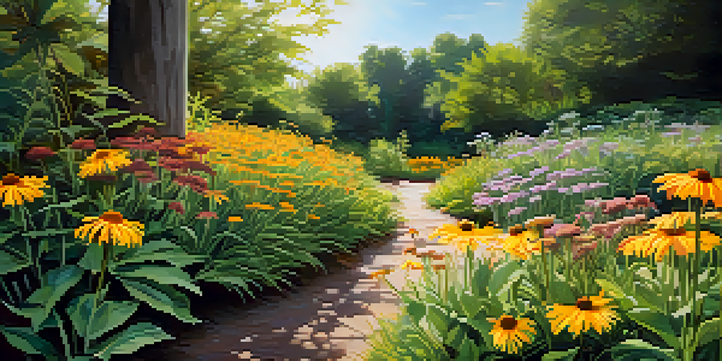 A tranquil herbal garden filled with colorful flowers like arnica, echinacea, and calendula, illuminated by soft sunlight.