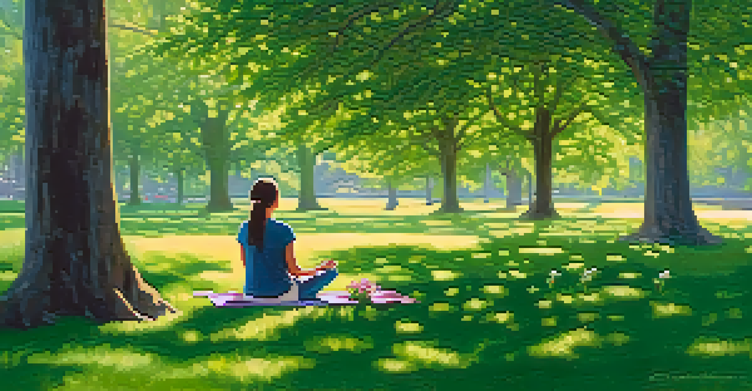 A person practicing mindfulness seated cross-legged on grass in a park surrounded by flowers and trees, with sunlight filtering through the leaves.