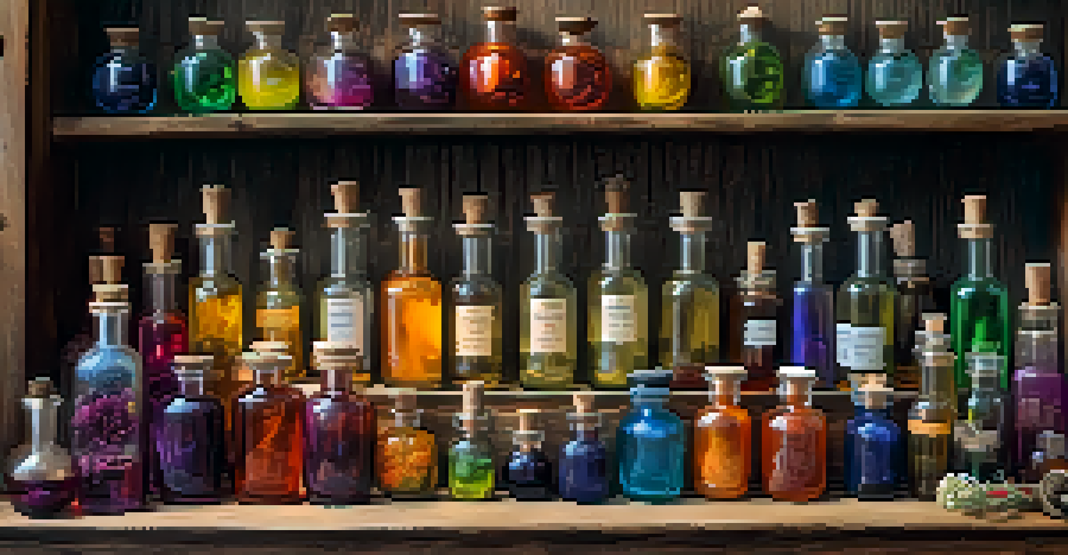 A collection of colorful homeopathic remedy bottles on a rustic shelf, accompanied by dried herbs and flowers.