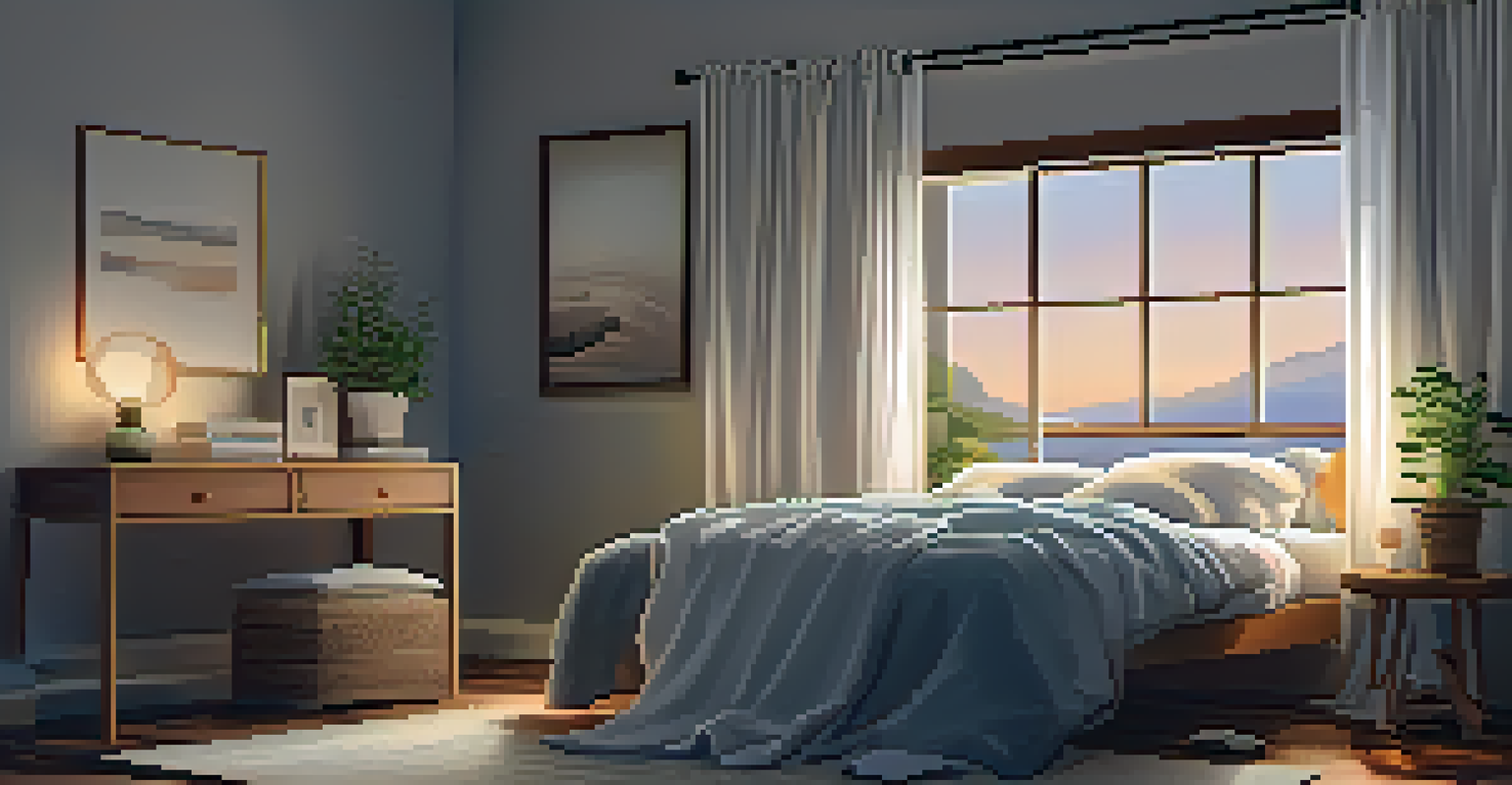 A peaceful bedroom with a cozy bed, bedside journal, and soft lighting for relaxation.