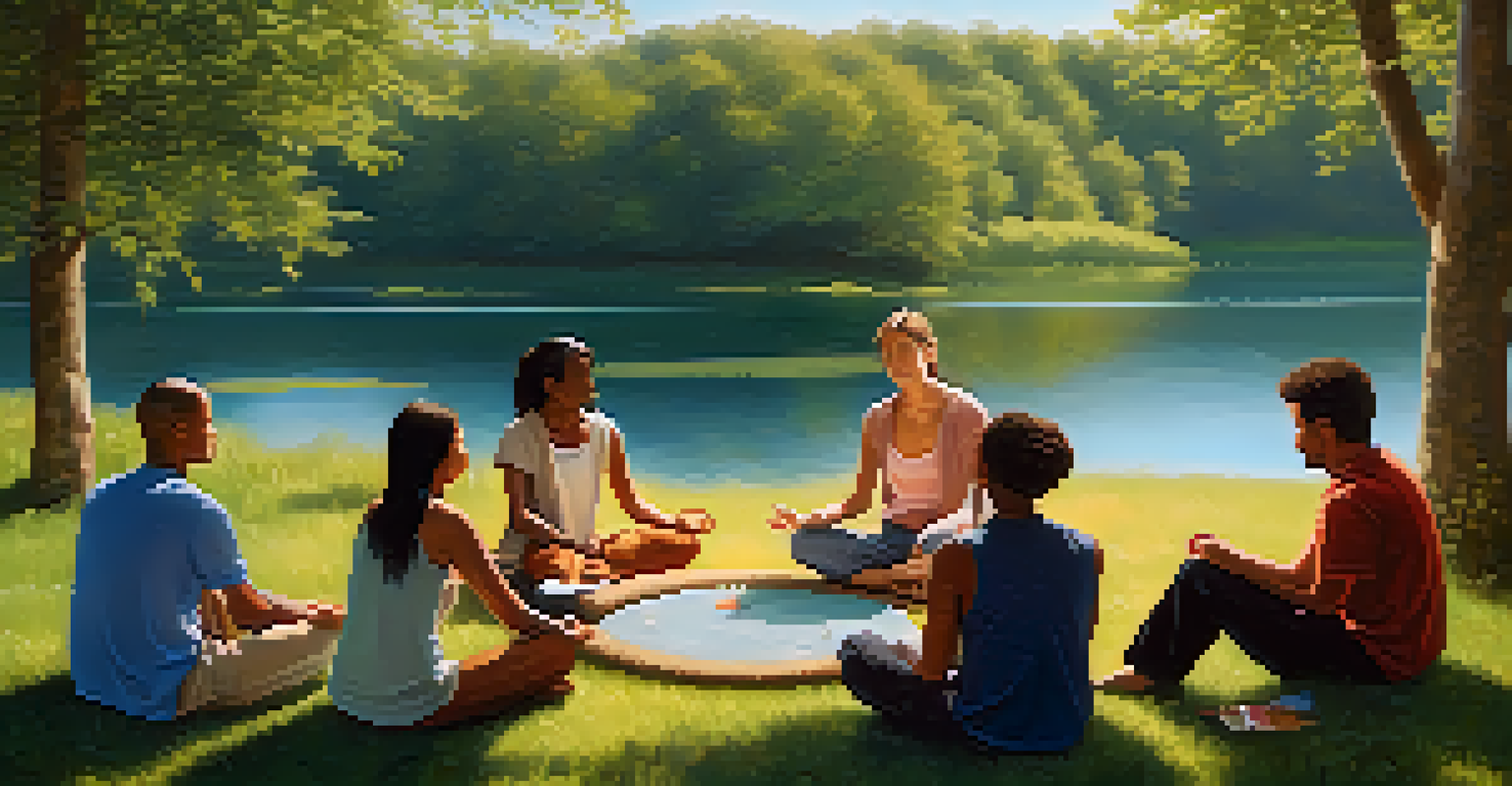A diverse group of people practicing mindfulness outdoors in a circle, with a lake and blue sky in the background, conveying emotional resilience.