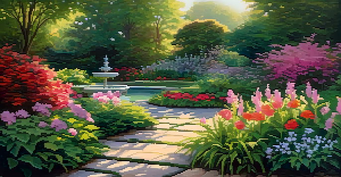 A tranquil garden with blooming flowers and a pond, illuminated by soft morning light.
