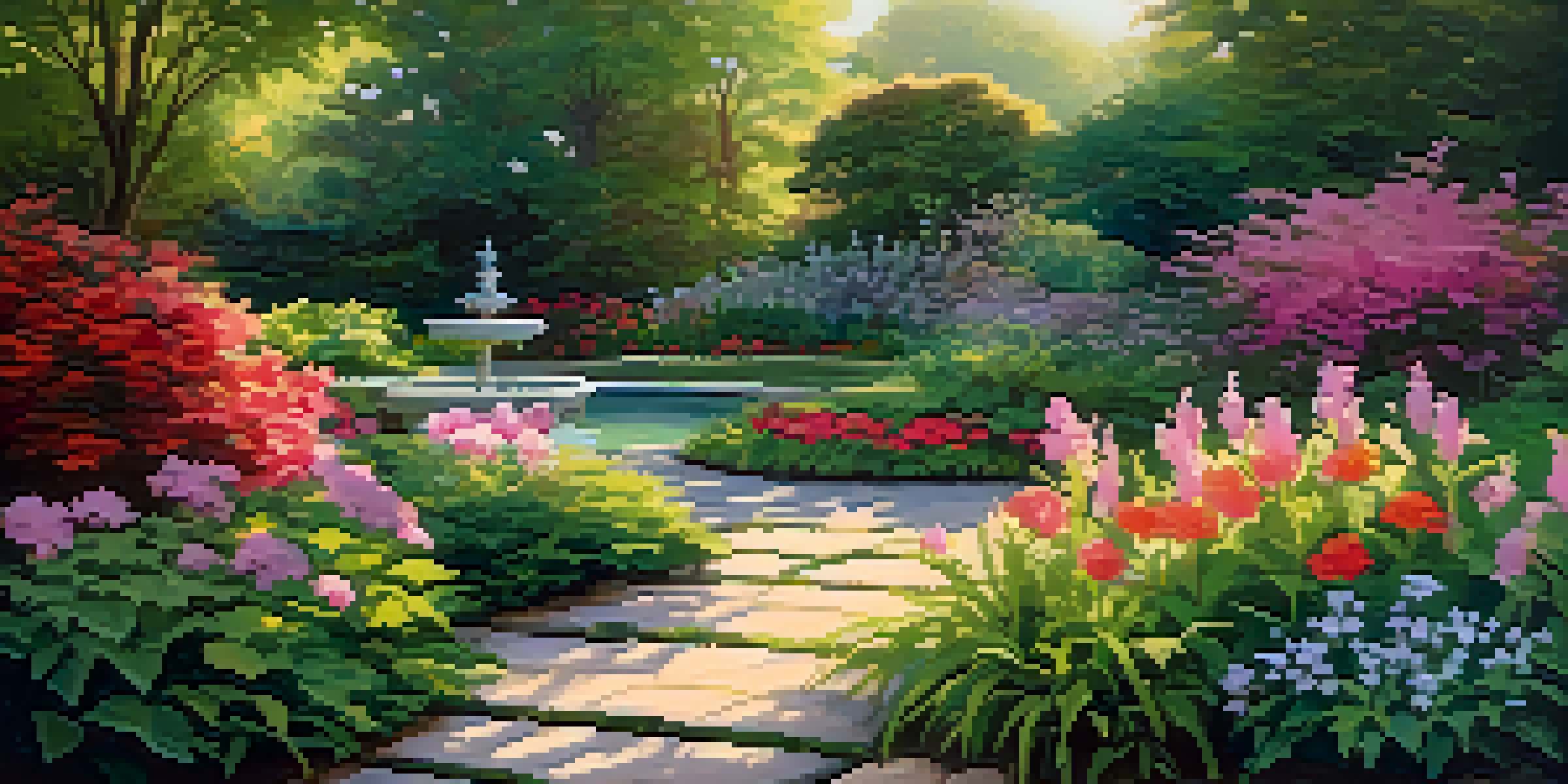A tranquil garden with blooming flowers and a pond, illuminated by soft morning light.