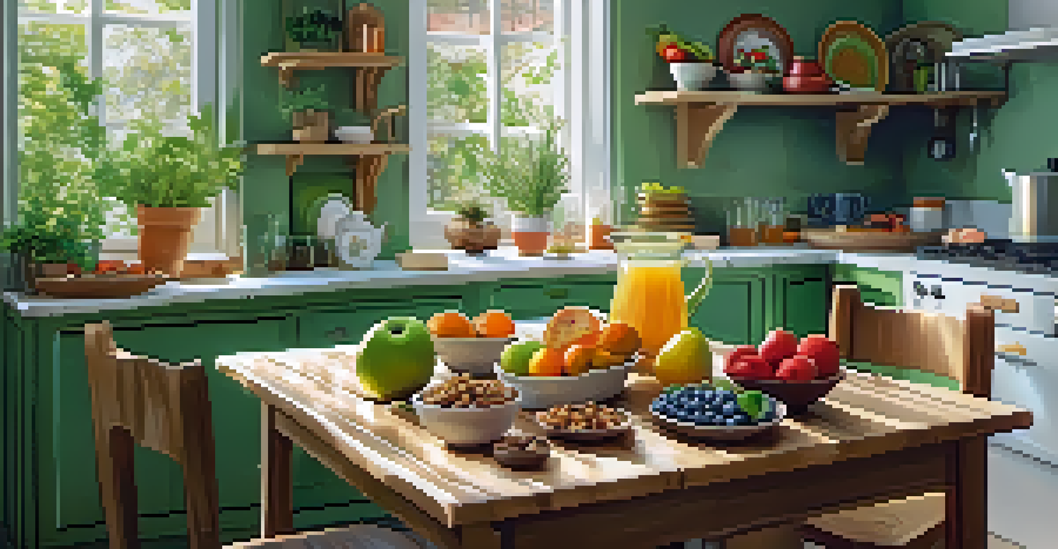A bright kitchen with a wooden dining table set for breakfast, featuring fresh fruits, nuts, and a cup of herbal tea.