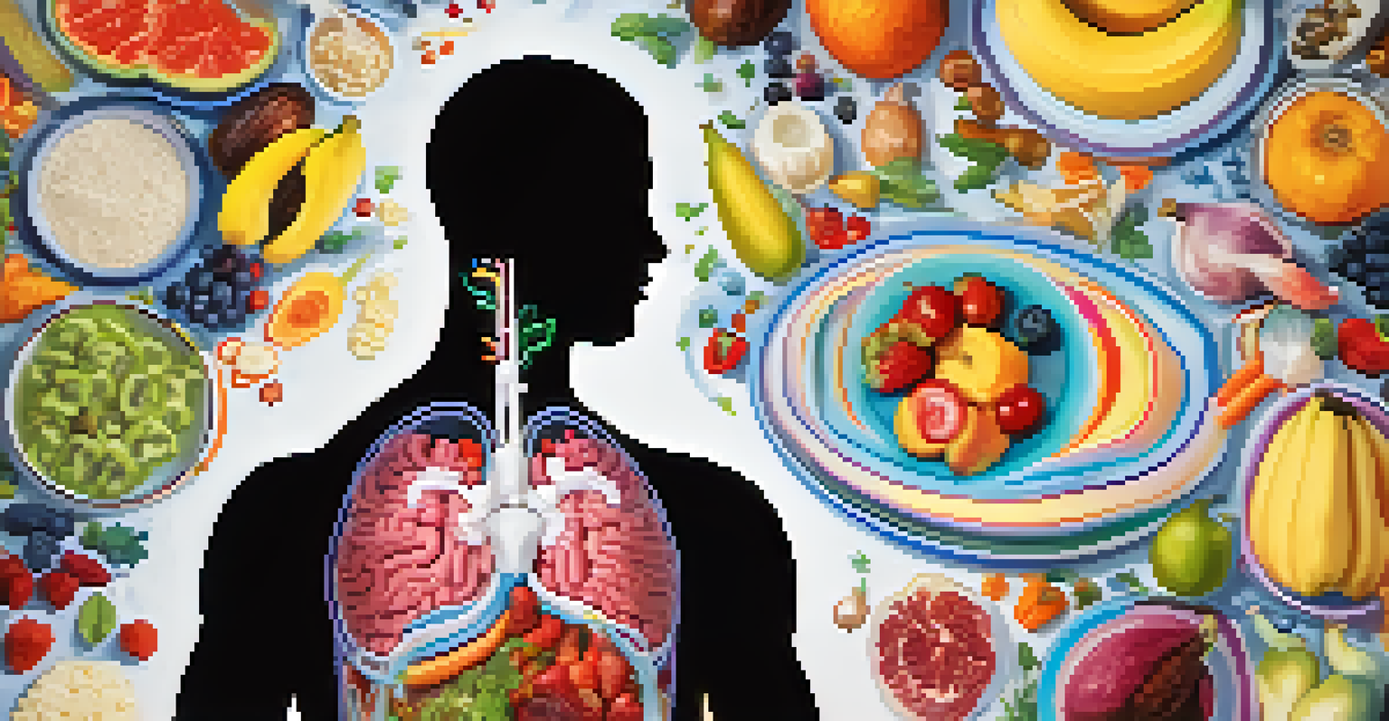 A stylized human silhouette illustrating the gut-brain connection, with the gut glowing and surrounded by healthy foods.
