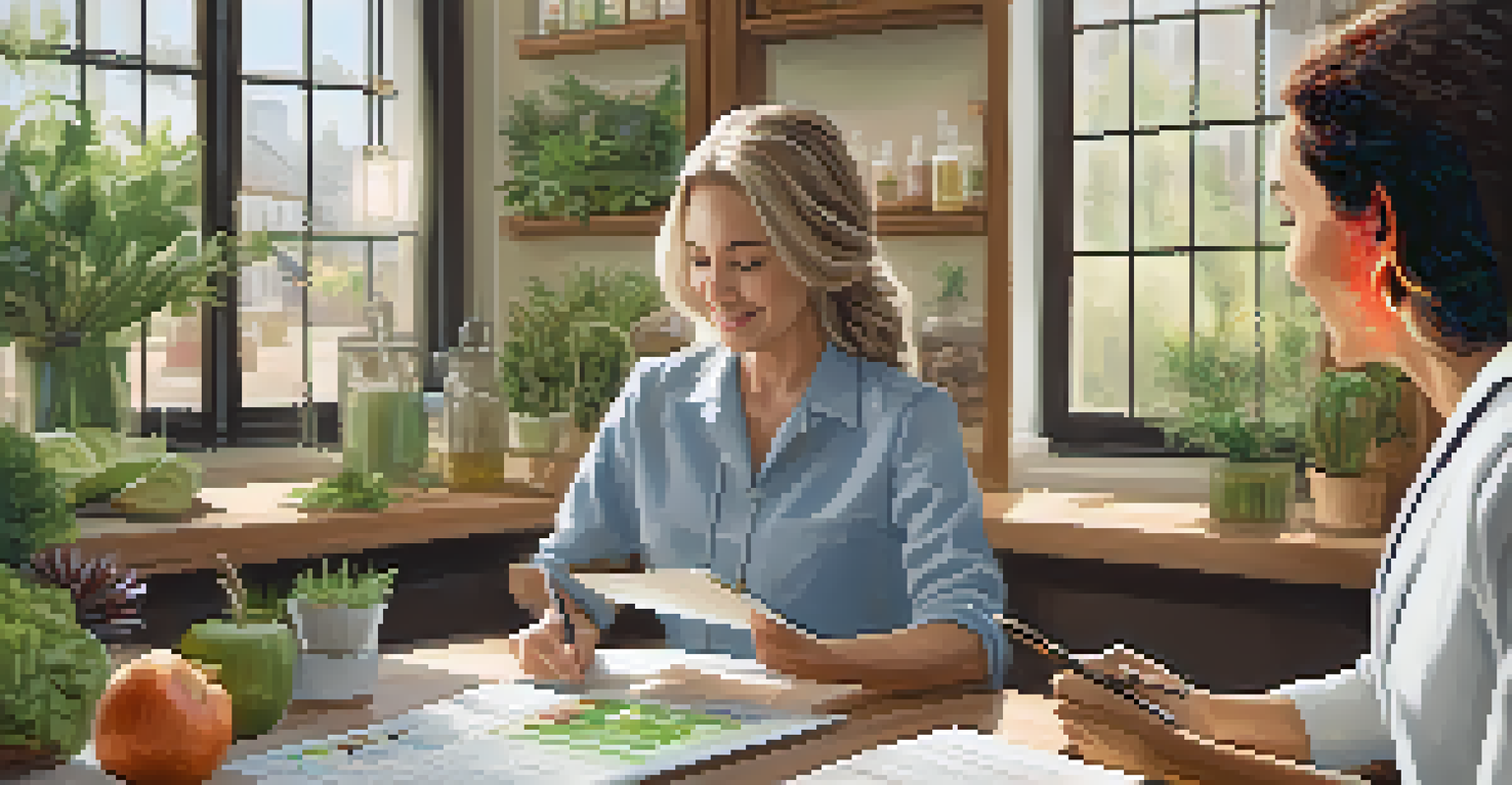 A naturopath and a patient discussing a nutrition plan in a cozy office filled with plants and natural light.