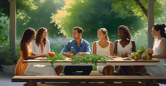 A peaceful outdoor consultation with diverse individuals around a wooden table filled with herbs and fruits, illuminated by soft sunlight.