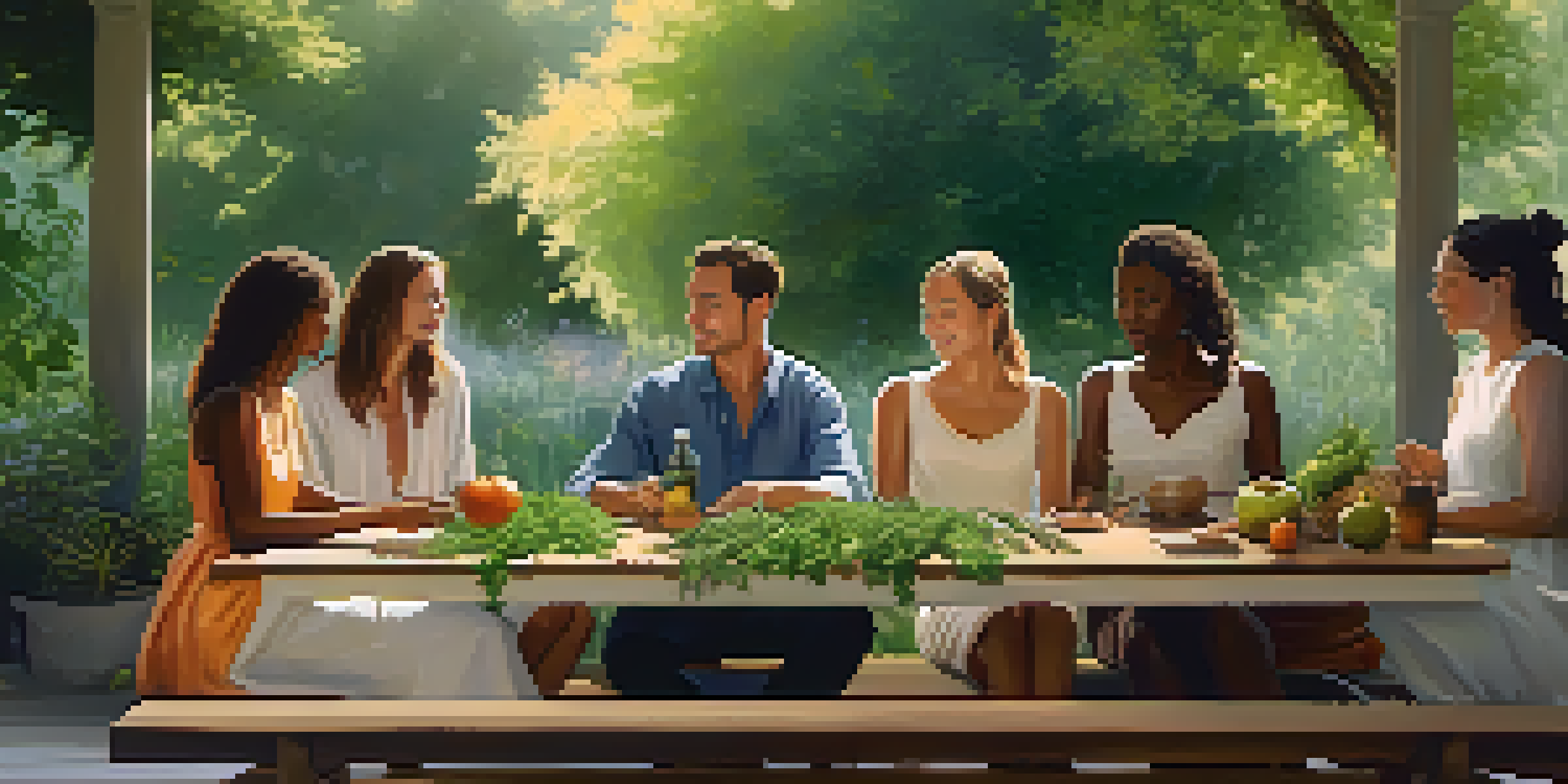 A peaceful outdoor consultation with diverse individuals around a wooden table filled with herbs and fruits, illuminated by soft sunlight.