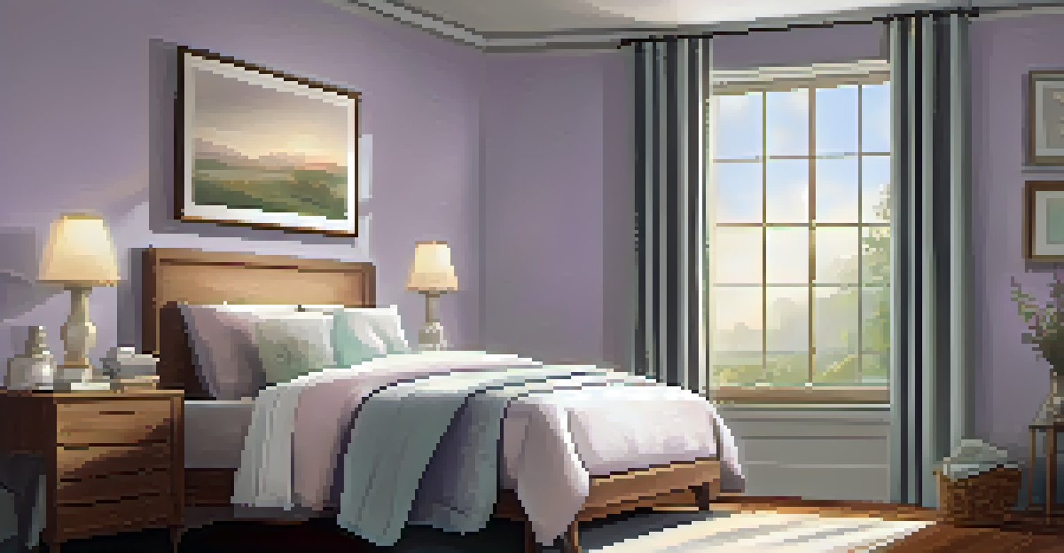 A cozy bedroom with a neatly made bed, soft pastel linens, a nightstand with lavender and a book, and a warm glow from a bedside lamp.