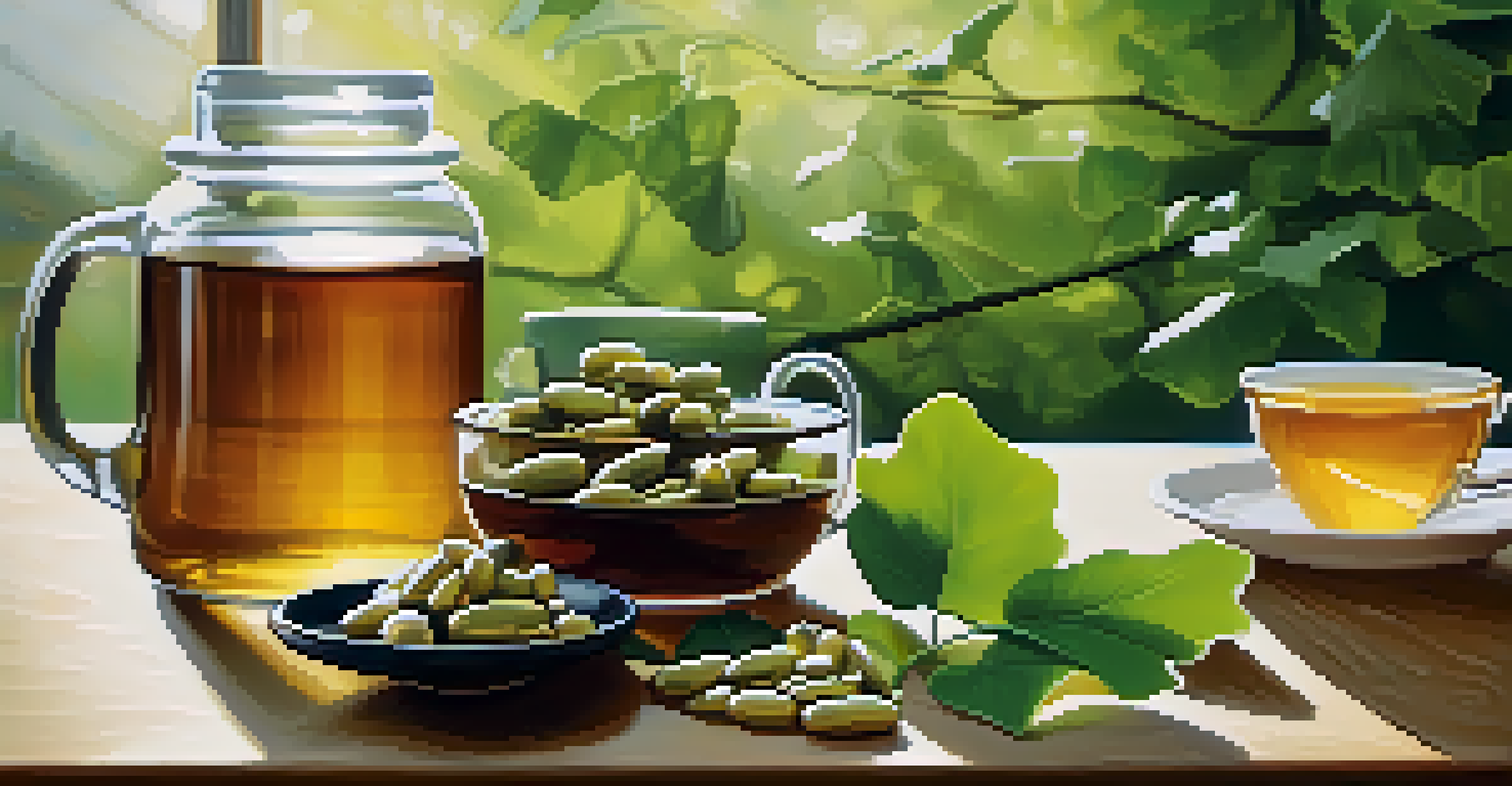Arrangement of ginkgo biloba capsules, omega-3 fish oil, and eyebright tea bags on a wooden table with a green plant in the background.