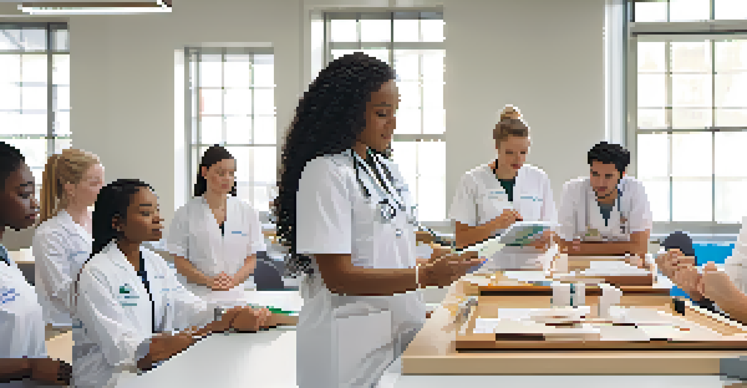 Naturopathic students participating in a clinical training session in a modern classroom, practicing patient assessments.