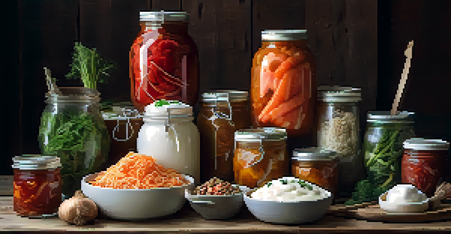 A beautiful display of fermented foods like kimchi and yogurt on a wooden table, showcasing their textures and colors in a natural light setting.