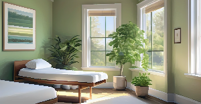 A calming naturopathic consultation room with natural lighting, plants, and a practitioner guiding a patient in a mindfulness exercise.