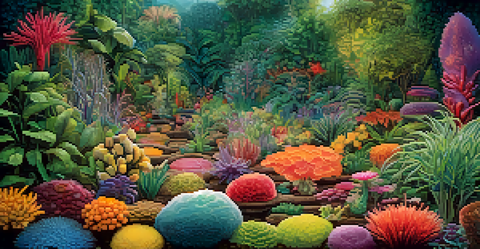 An artistic depiction of the gut microbiome as a vibrant garden filled with colorful microorganisms.
