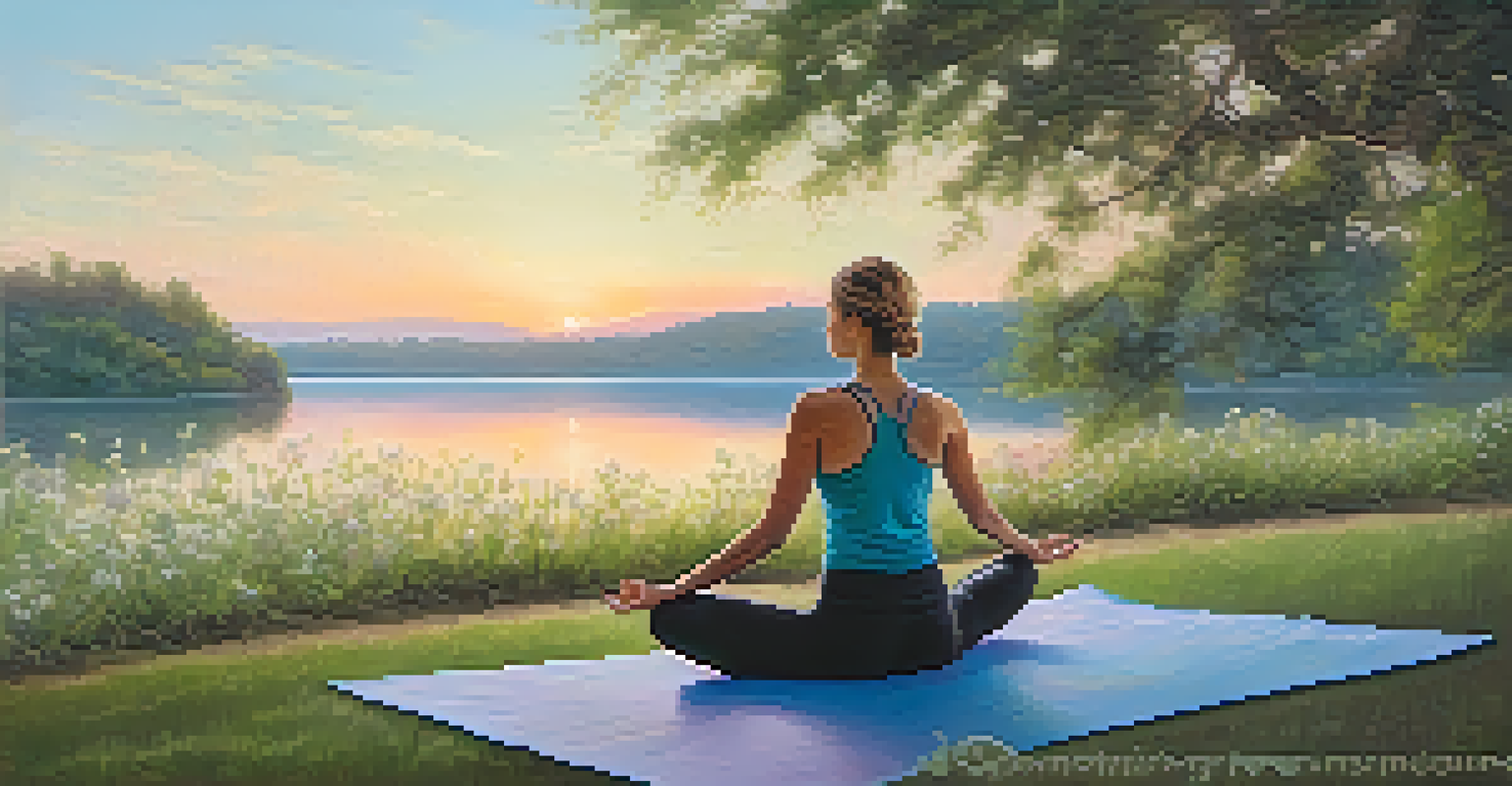 A person practicing yoga outdoors at sunrise, surrounded by greenery and a calm lake.
