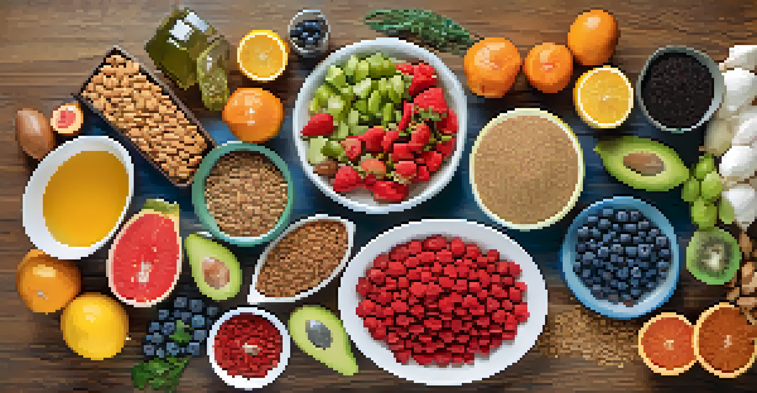 An artistic arrangement of anti-inflammatory foods like flaxseeds, fatty fish, and fruits on a wooden table.