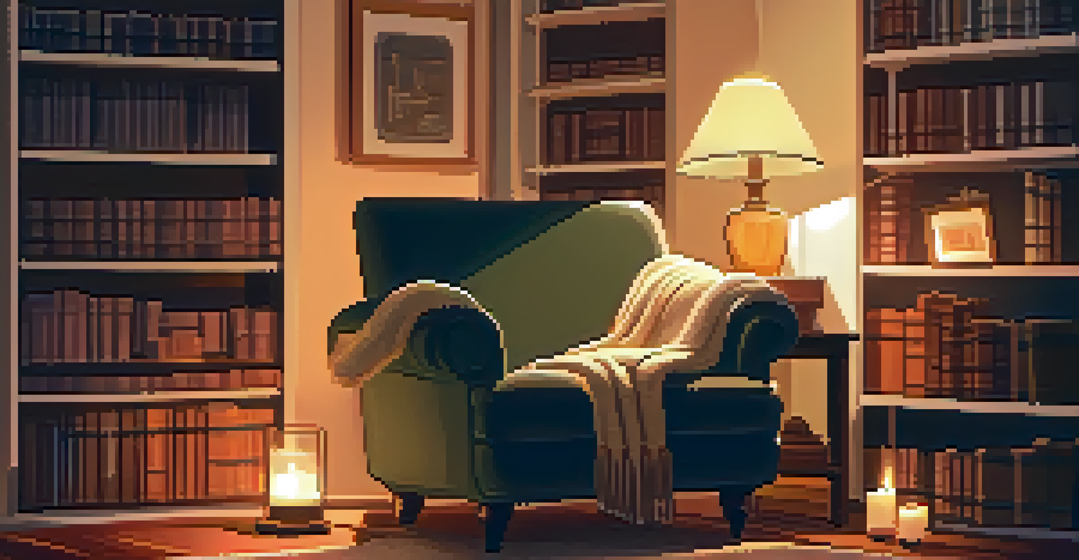 A cozy reading nook with an armchair, blanket, and an open notebook on a side table, illuminated by candlelight.