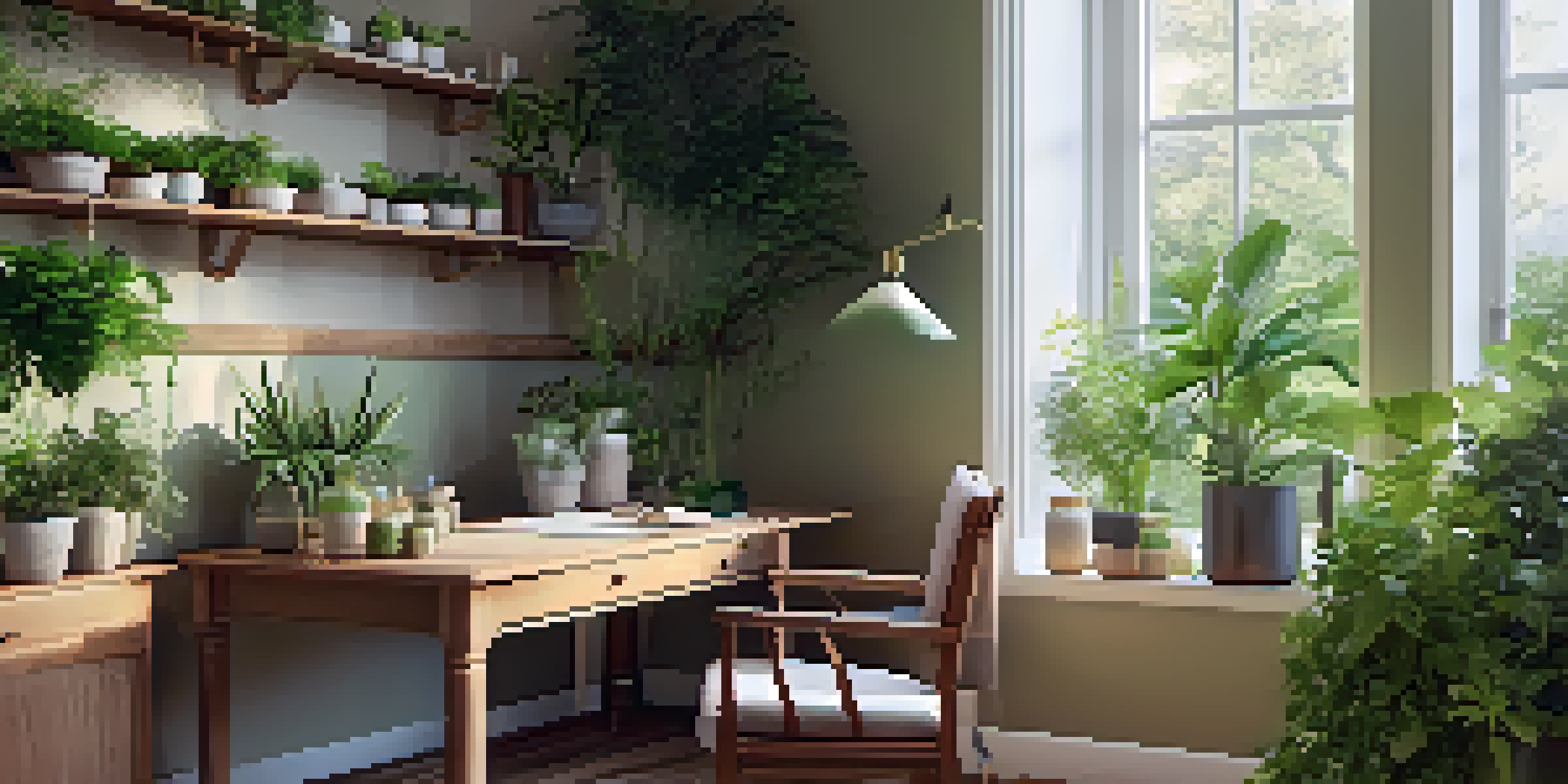 A bright and calming naturopathic consultation room with plants, herbs, and a wooden table, designed to promote relaxation.