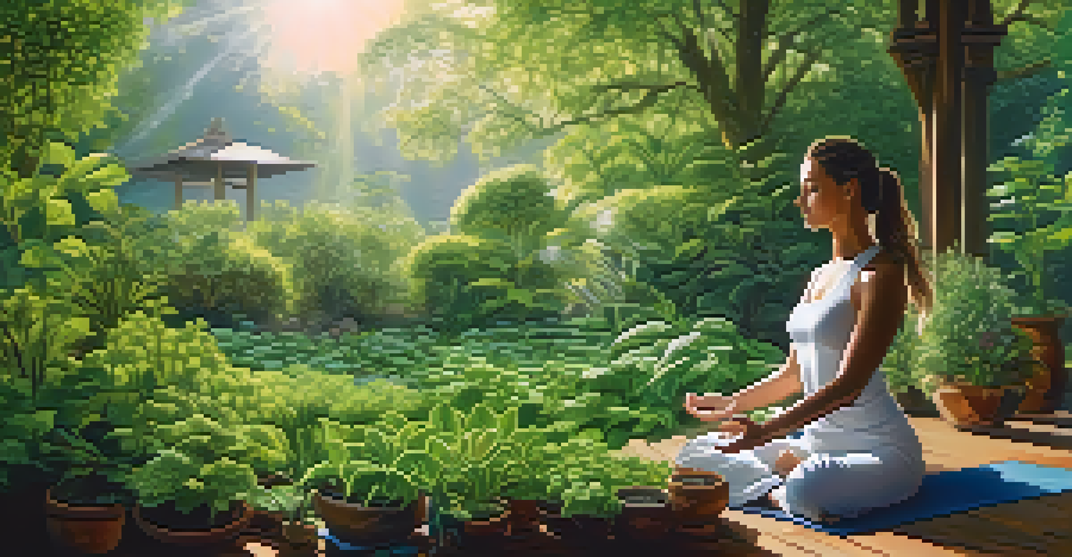 A person practicing yoga outdoors surrounded by greenery and herbs, with sunlight filtering through the leaves.