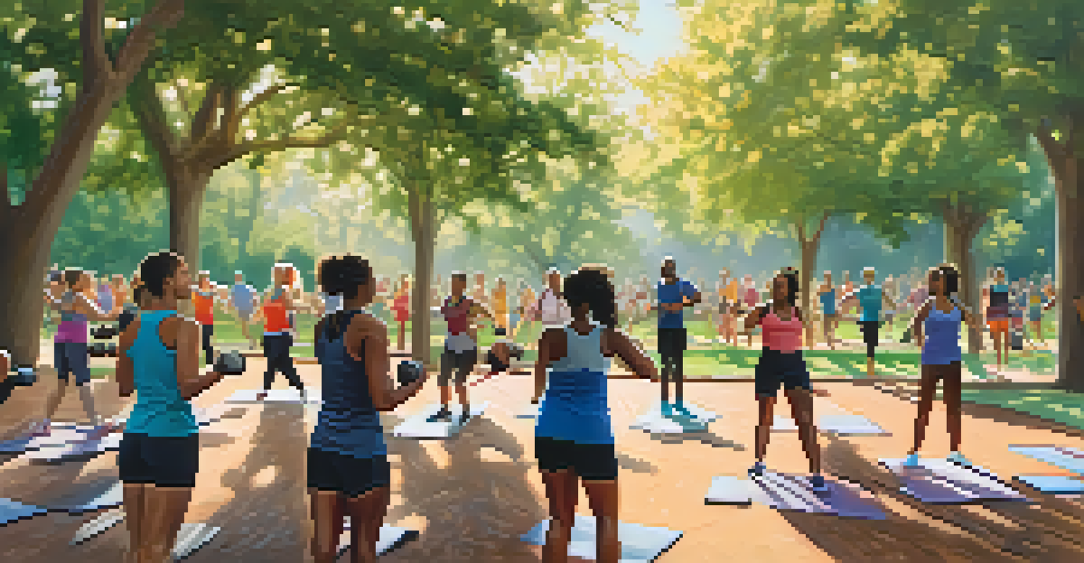 A diverse group of people exercising together in a park, with sunlight filtering through trees, showcasing joy and teamwork.