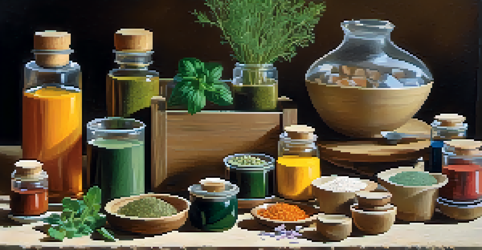 A close-up of a wooden table with colorful vitamin bottles, herbal powders, and fresh herbs, illuminated by soft natural light.