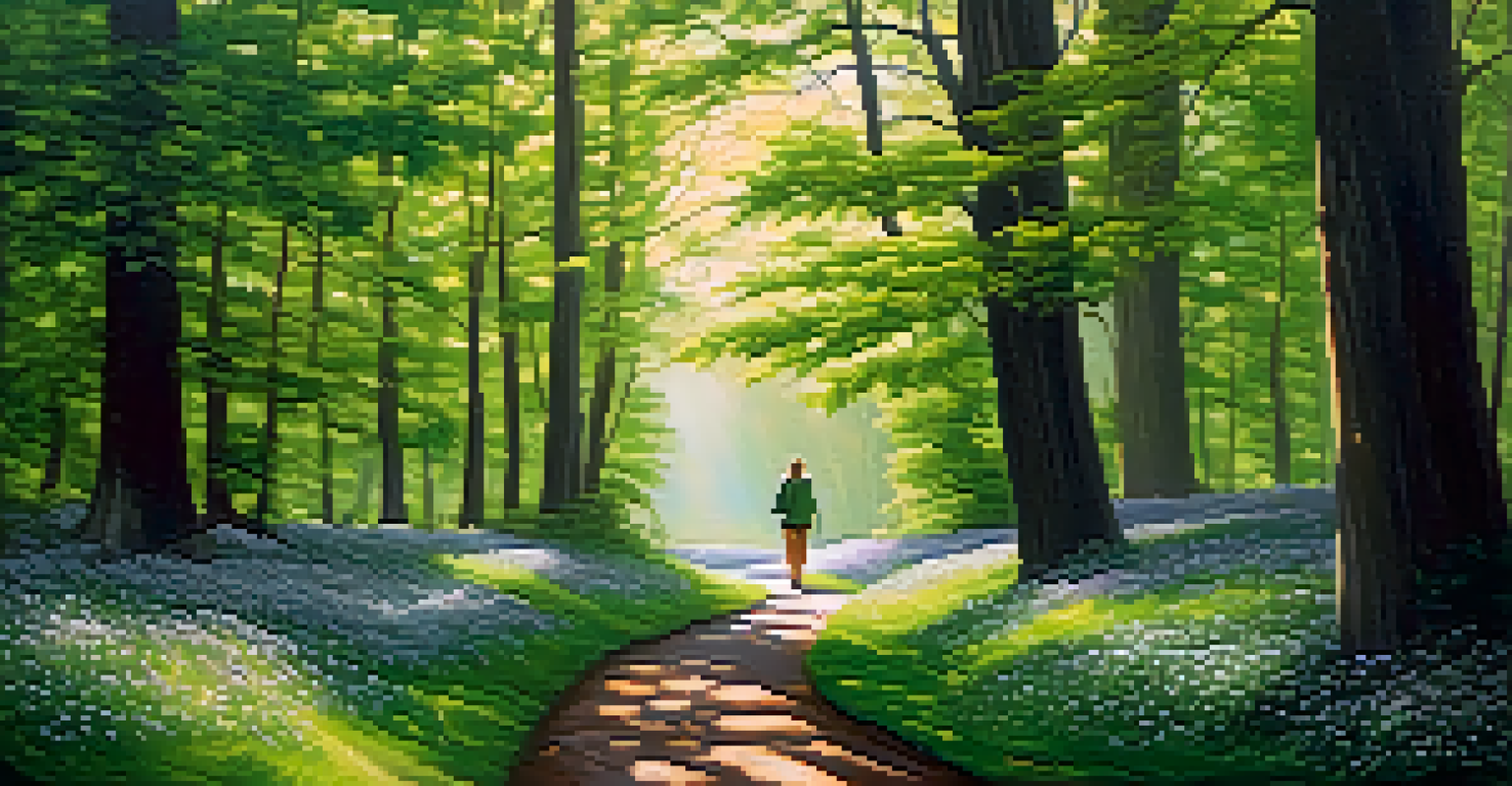 A winding forest path with a person walking among trees and sunlight filtering through the leaves.