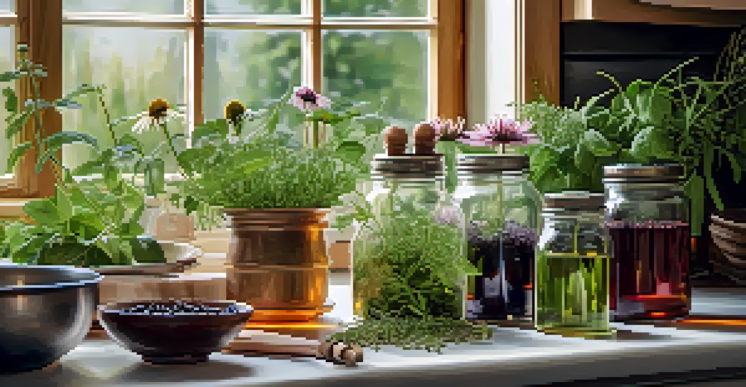 A peaceful kitchen with herbal supplements on a wooden table, surrounded by fresh herbs.