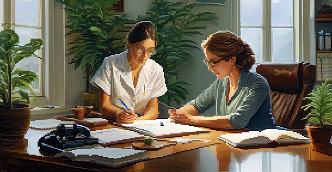 A homeopathic consultation in a cozy office, with a woman smiling and listening to a young man discussing his asthma symptoms.