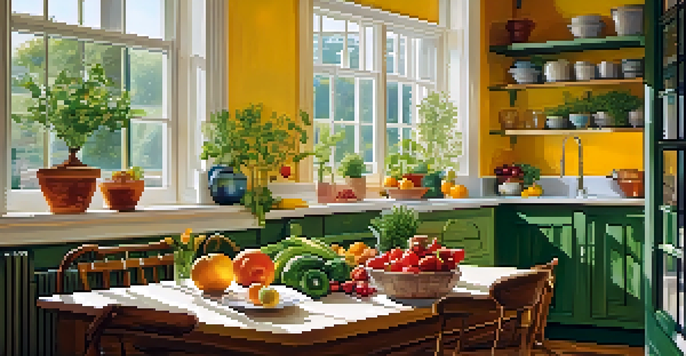 A bright kitchen with a wooden table filled with fresh fruits, vegetables, and herbs, illuminated by soft morning light.