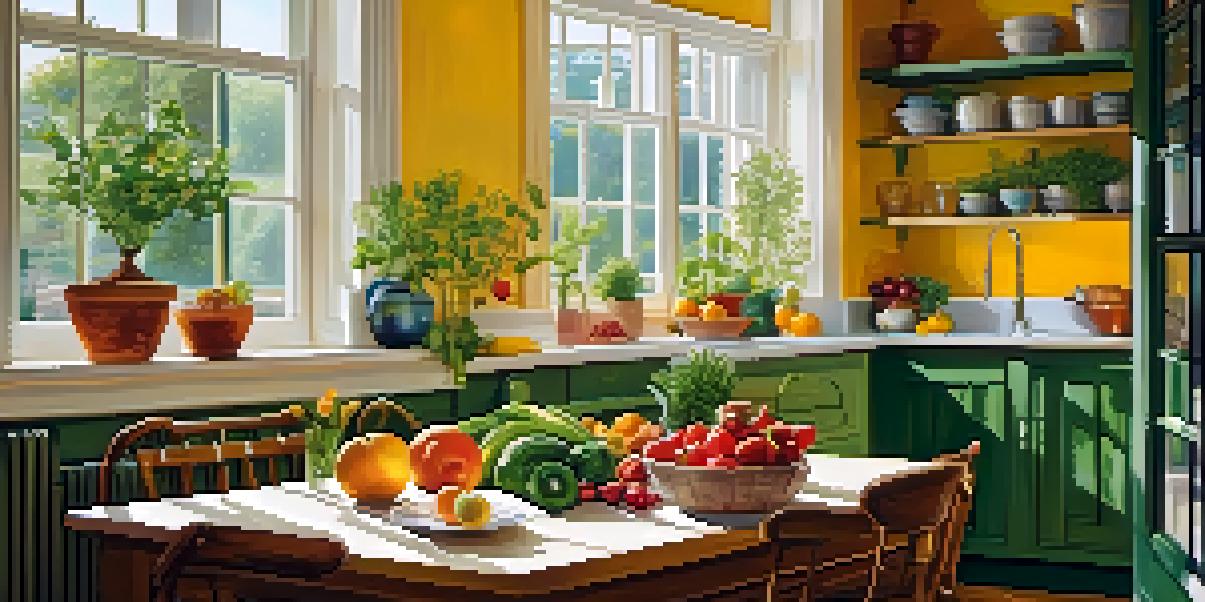 A bright kitchen with a wooden table filled with fresh fruits, vegetables, and herbs, illuminated by soft morning light.