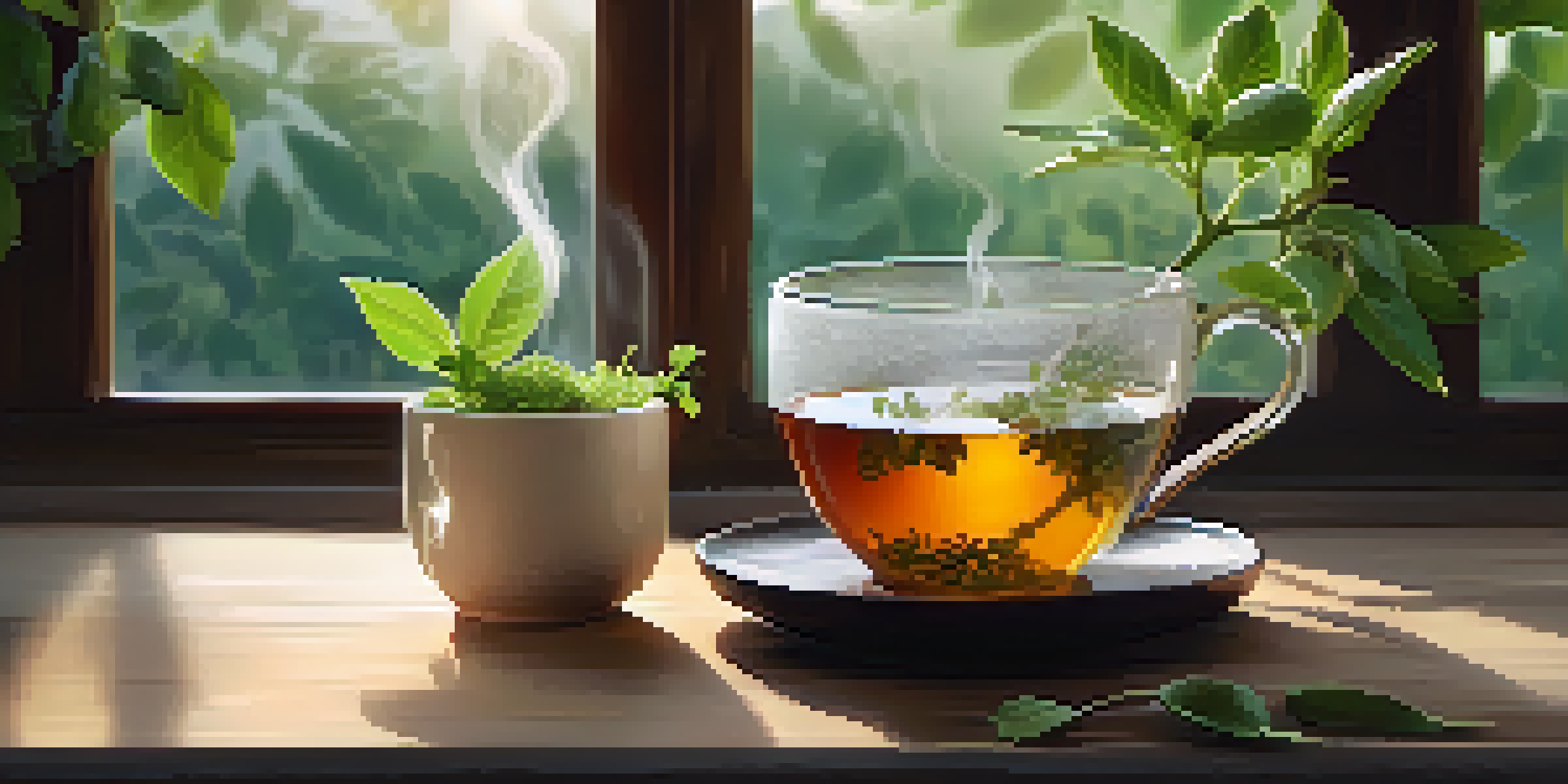 A cup of steaming Ashwagandha tea on a wooden table, surrounded by fresh Ashwagandha roots and leaves, with soft sunlight streaming in.