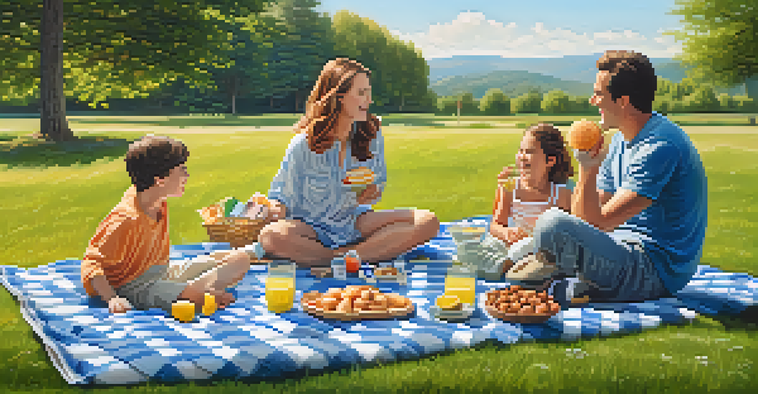 A family having a joyful picnic outdoors with healthy snacks, engaged in playful activities on a sunny day.