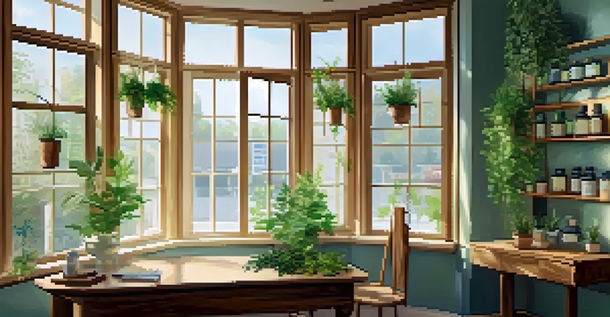 A peaceful naturopathic clinic interior with a wooden table and natural remedies, bathed in soft sunlight.