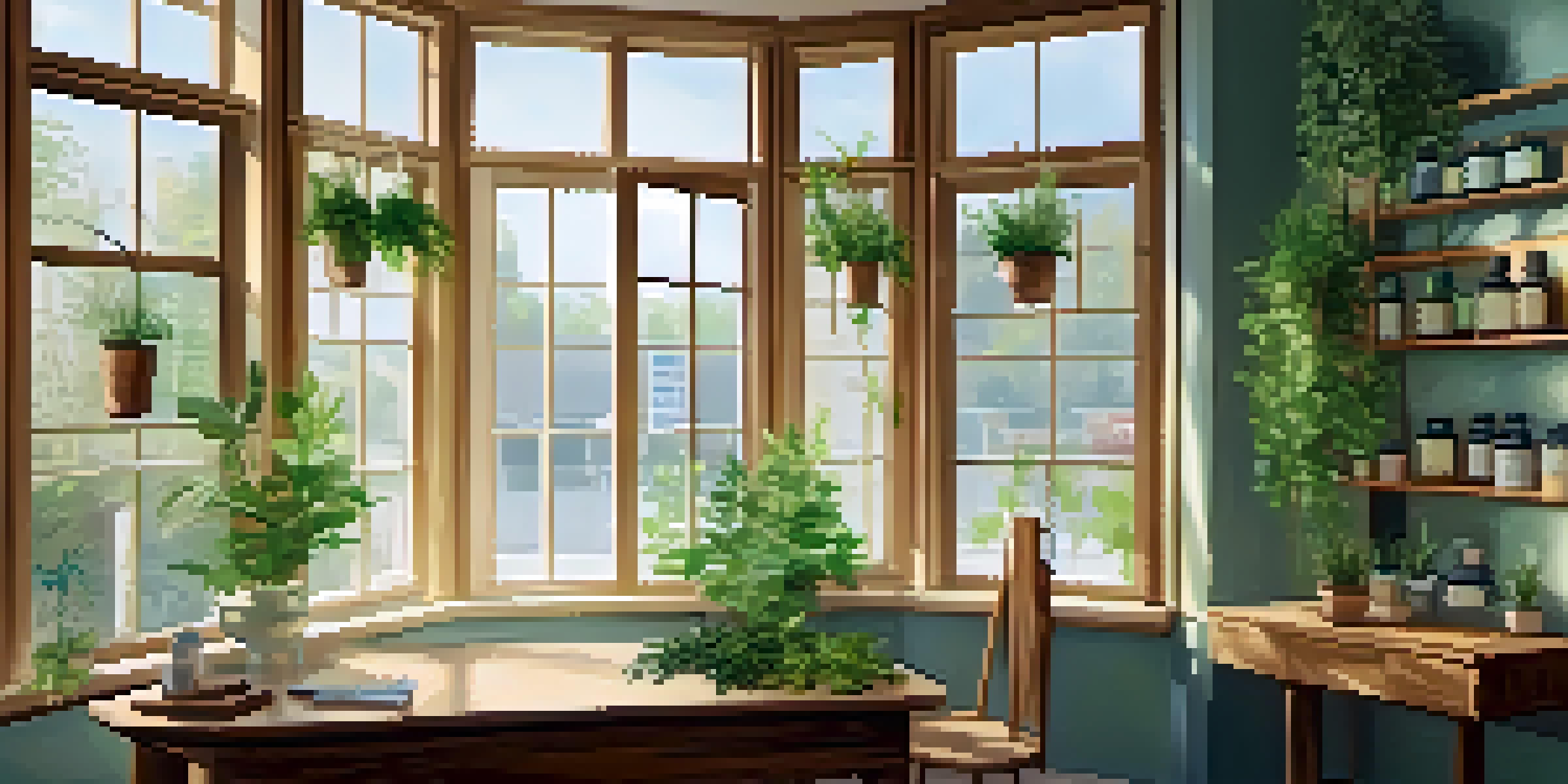 A peaceful naturopathic clinic interior with a wooden table and natural remedies, bathed in soft sunlight.